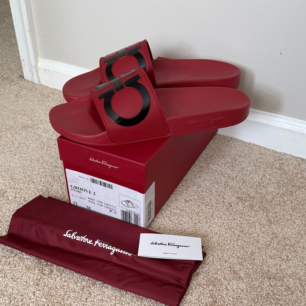Salvatore Ferragamo Red Groove 2 Slide Sandals Size 12M